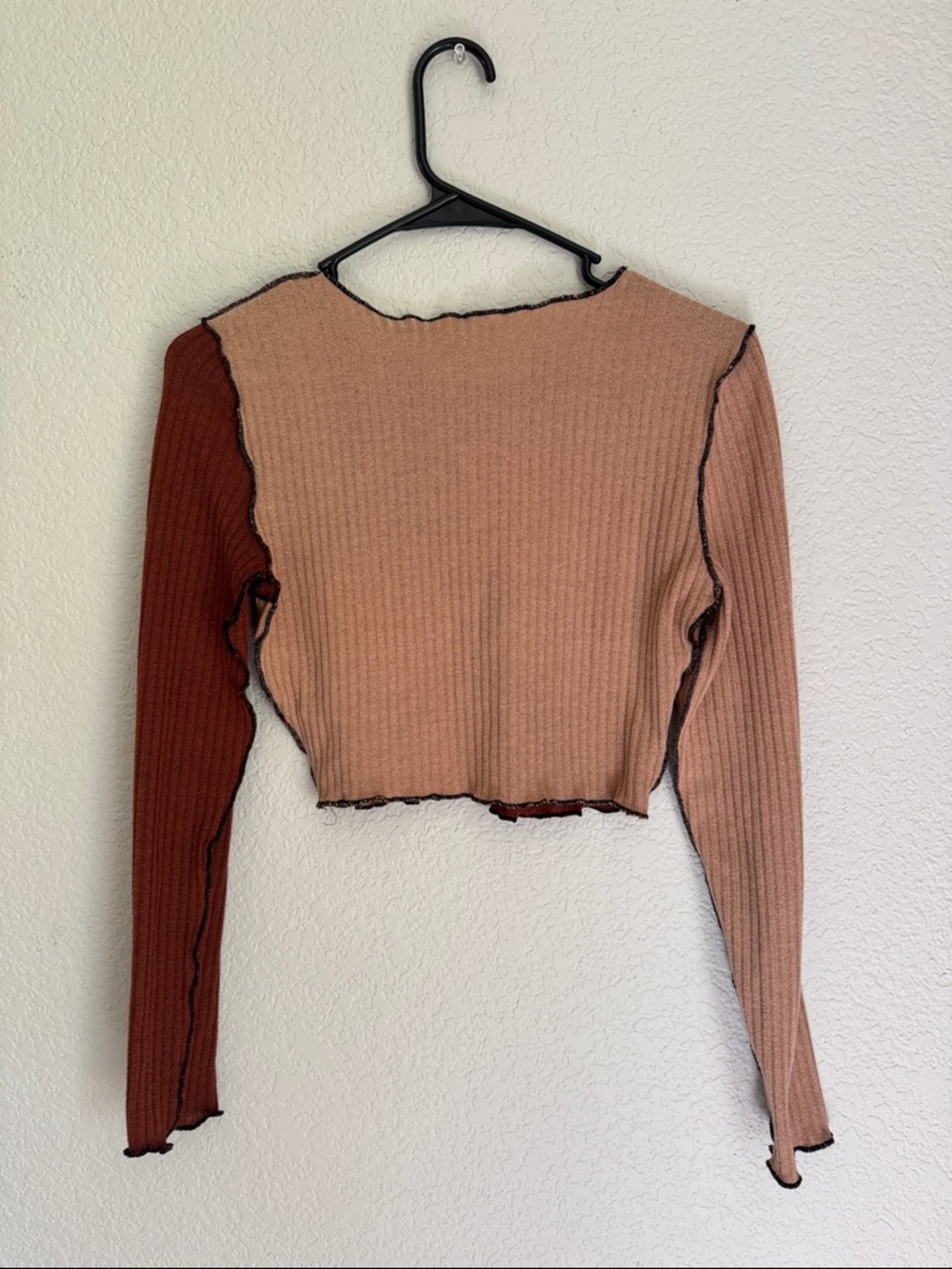 Colorblock Ribbed Long-Sleeve Crop Top Pink & Rust Size Small - Picture 3 of 5